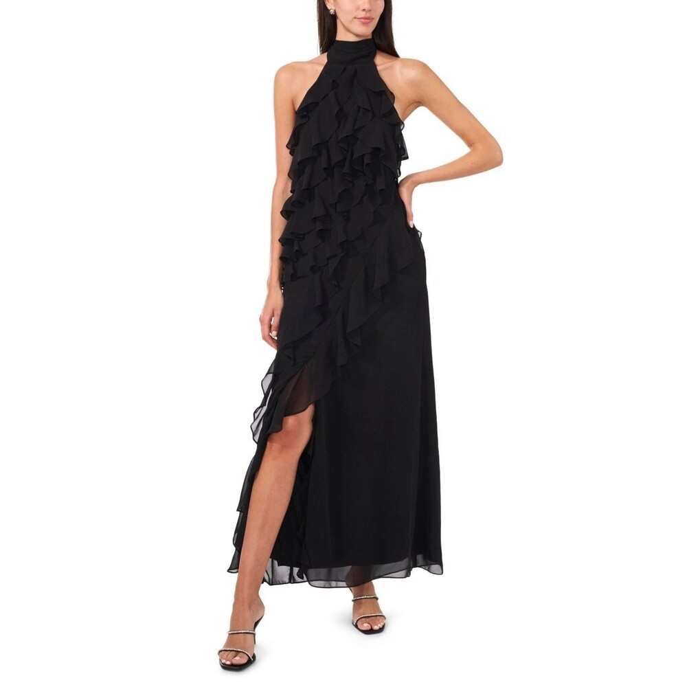 CeCe Women's Chiffon Sleeveless Ruffled Long Halter Dress Rich Black Size 4 - Picture 1 of 13
